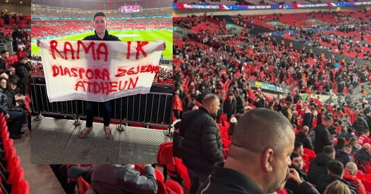 FOTOLAJM   Rama ik  Diaspora zgjedh atdheun   Shqiptari shpalos banderolën në stadiumin e  Wembley 