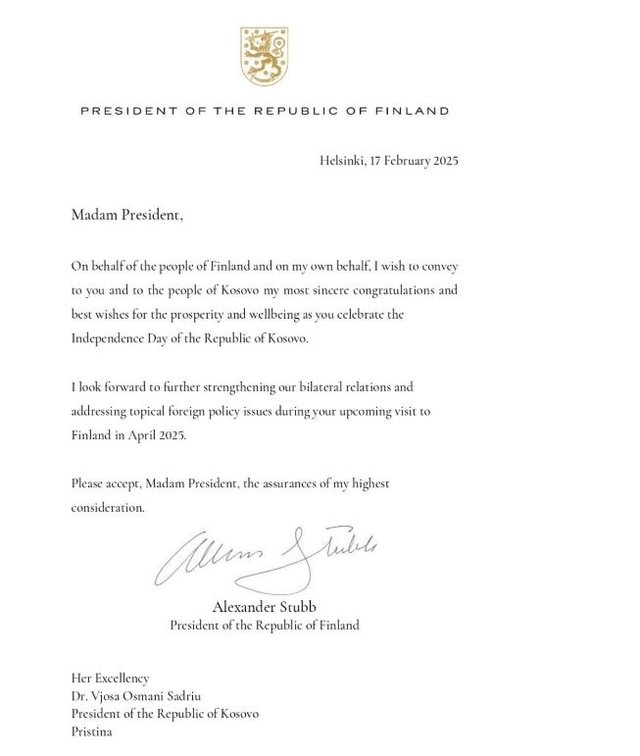 Presidenti i Finlandës uron presidenten Osmani për 17-vjetorin e
