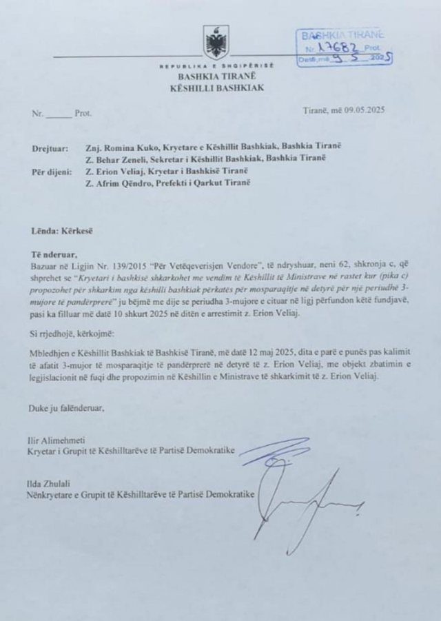 DOKUMENTI/ PD kërkon shkarkimin e Erion Veliajt: Mungon prej 3 muajsh!