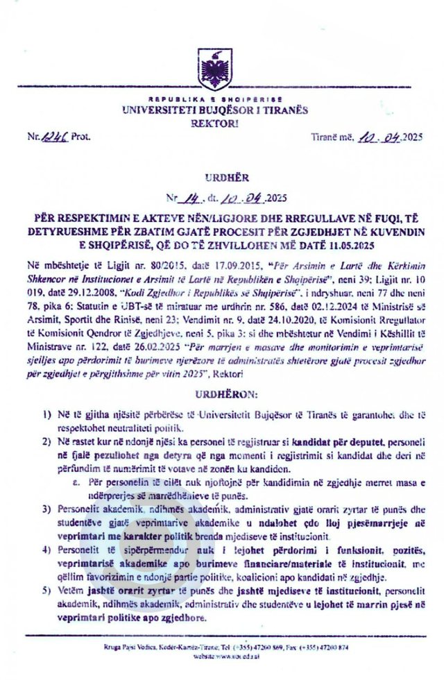 DOKUMENTI/ Rektori i UBT ndalon studentët që të shfaqin