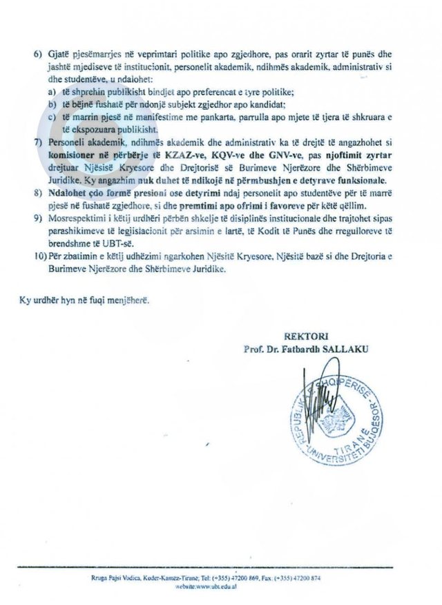 DOKUMENTI/ Rektori i UBT ndalon studentët që të shfaqin