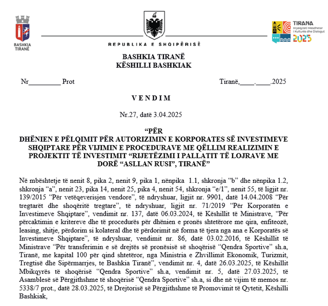 DOKUMENTI/ Edhe Pallati i Sportit “Asllan Rusi” do t’i jepet